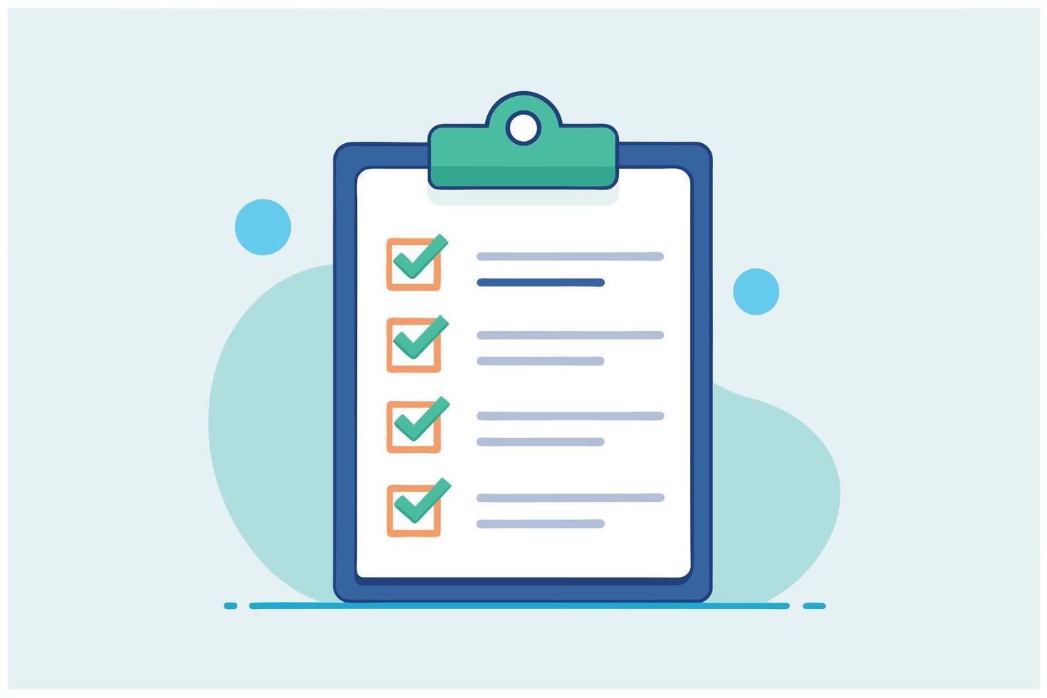 Illustration of a clipboard with a checklist, featuring four green checkmarks in a row, indicating tasks completed. vector