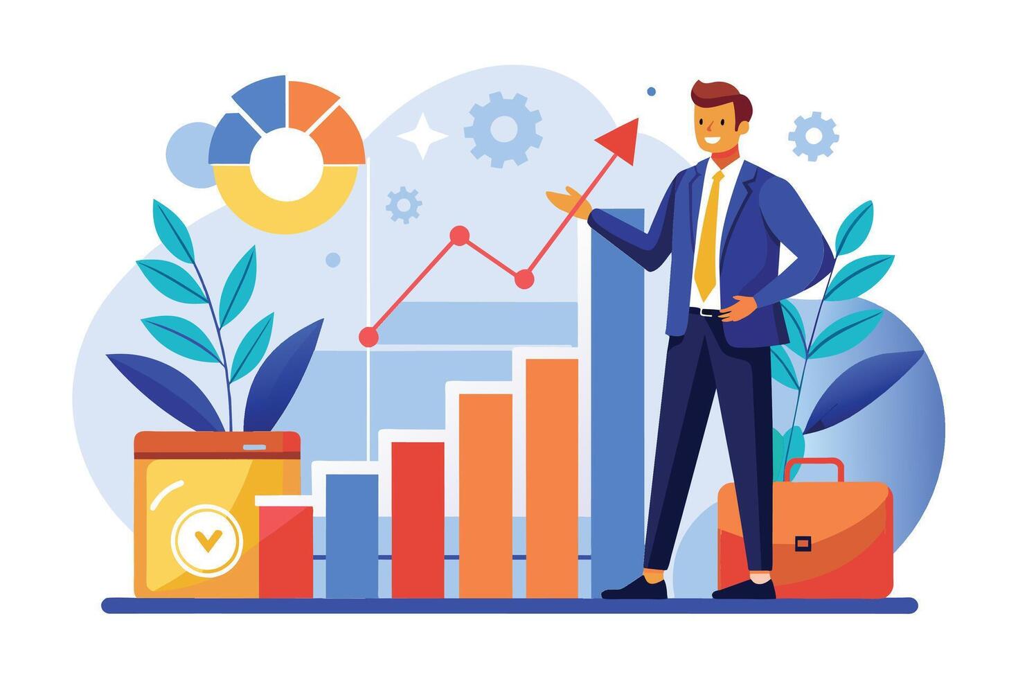 A smiling businessman in a suit points to an upward trend on a graph, indicating success and growth. vector