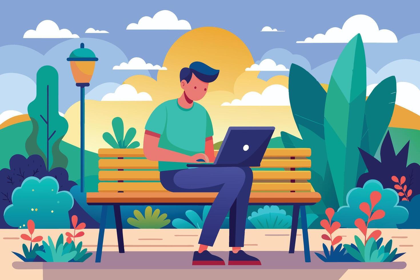 A man sits on a wooden park bench, working on his laptop, while enjoying the sunny afternoon. vector