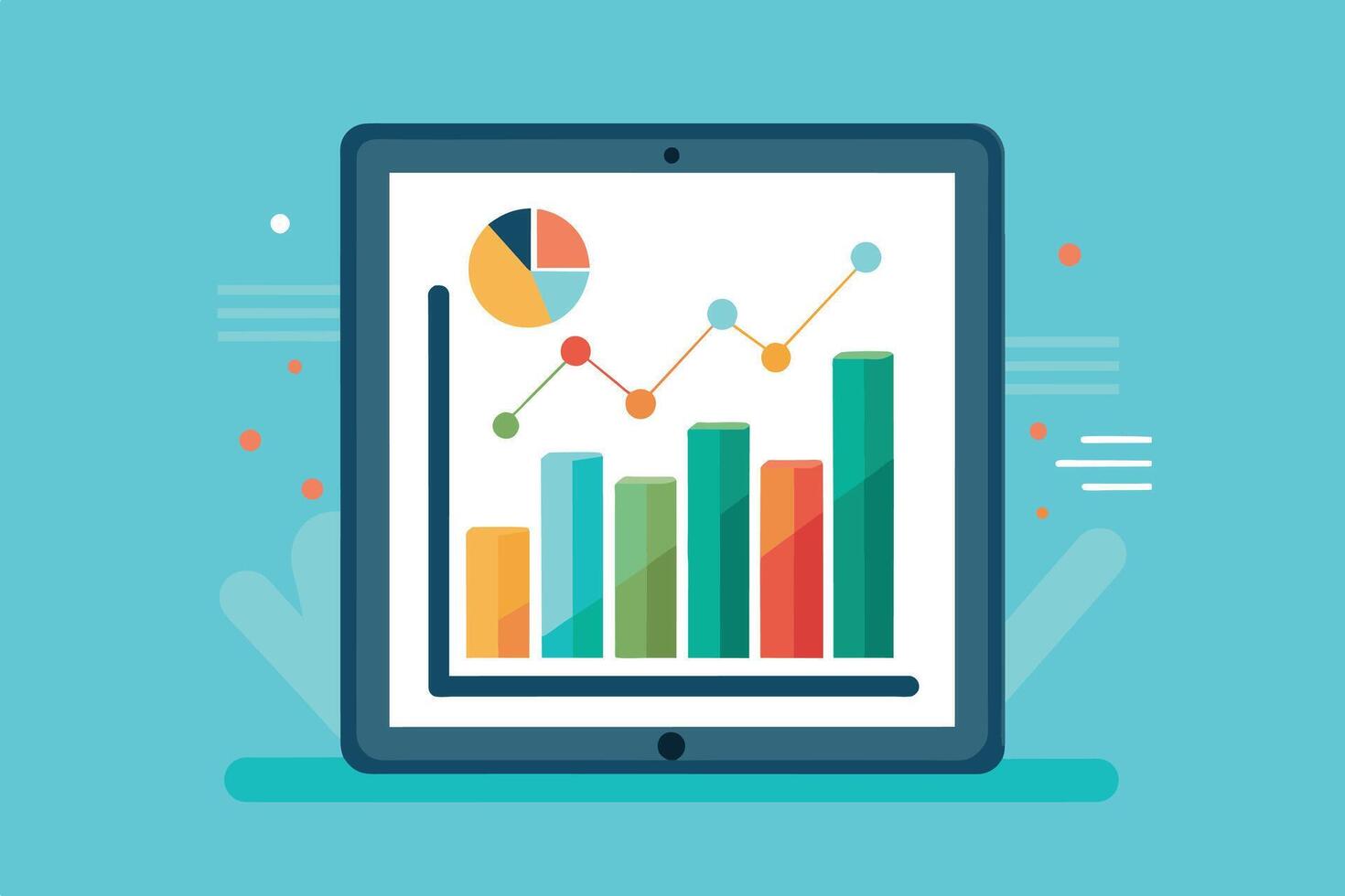 A tablet computer displaying a bar graph and line chart showing data analysis results. vector