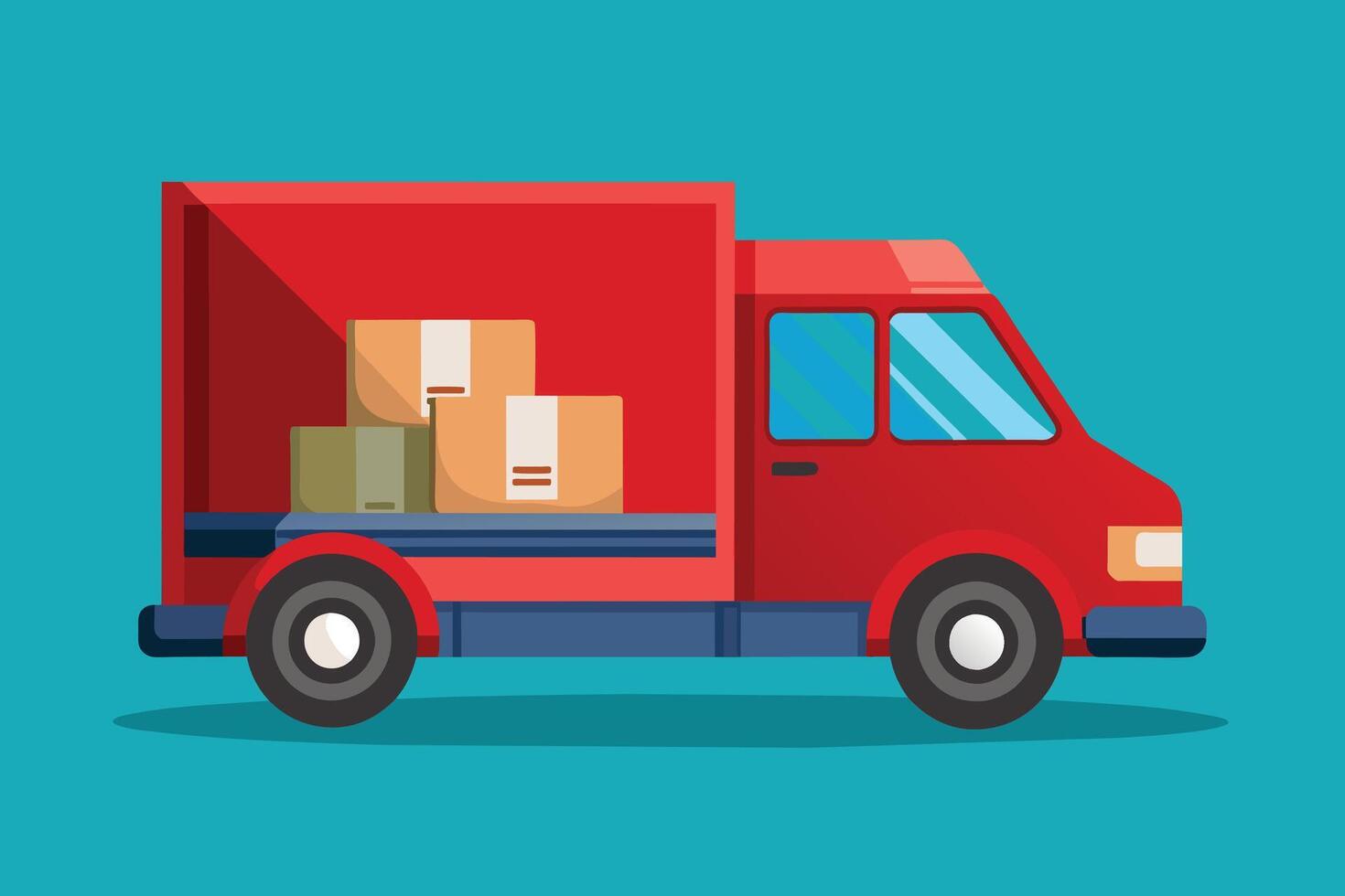 A red delivery truck with boxes in the back is shown on a blue background. The truck is cartoonish in style with minimal detail. vector
