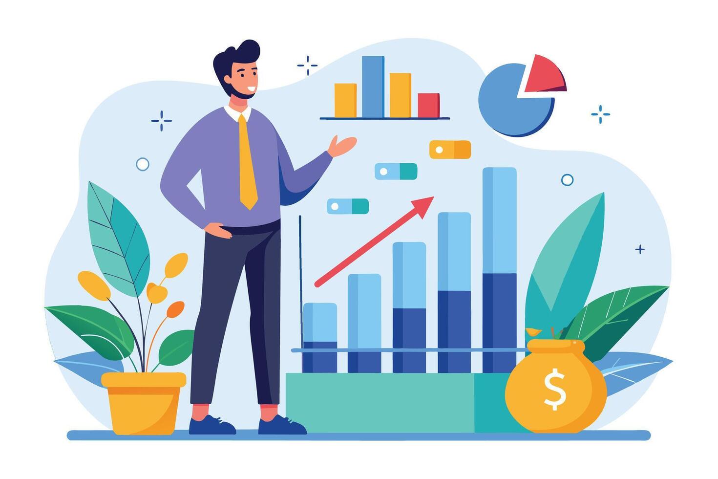 A businessman stands in front of a bar chart and pie chart, showing successful financial growth with an upward trend arrow. vector