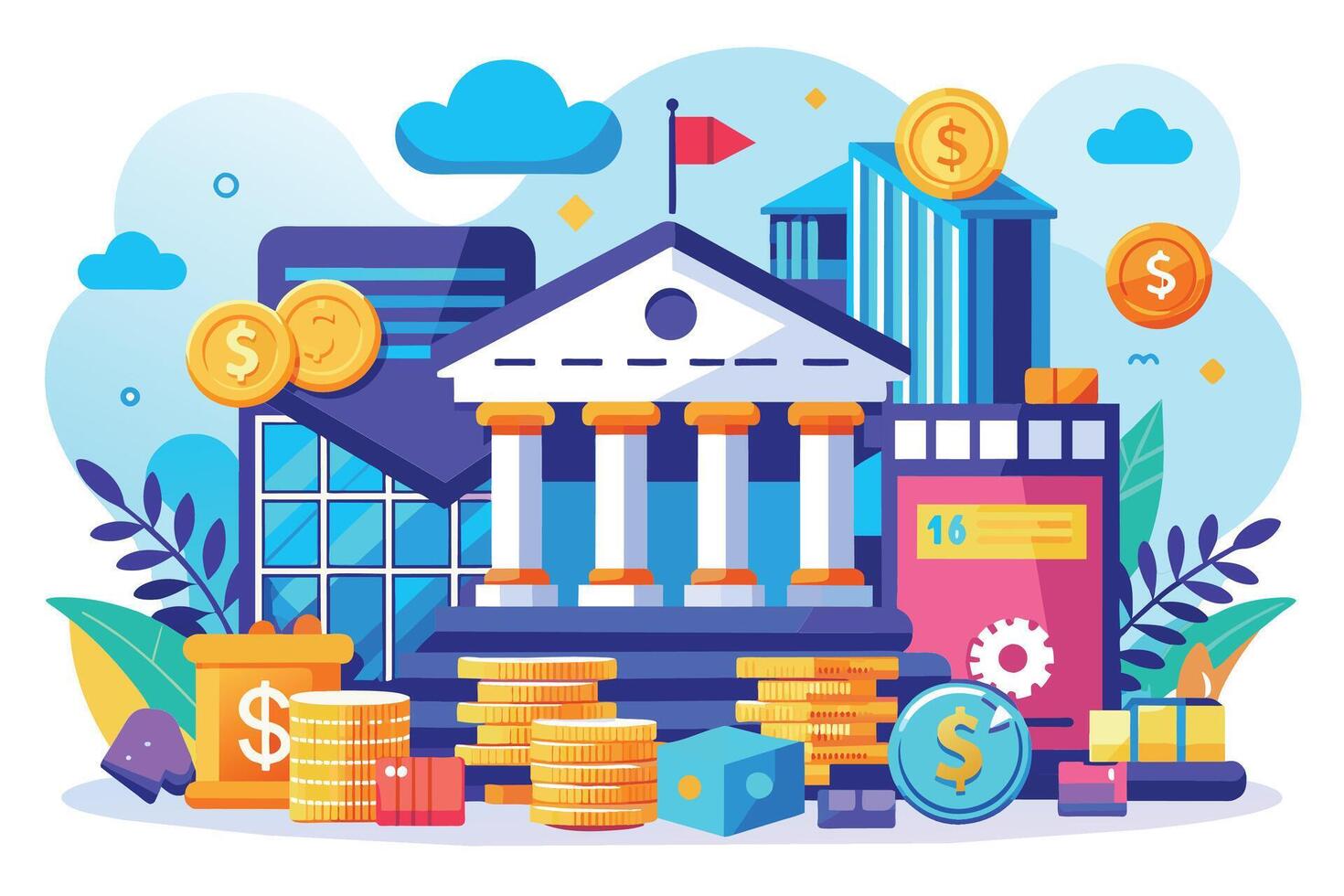 A vibrant illustration depicting a bank building surrounded by stacks of gold coins, business buildings, and other financial objects. vector