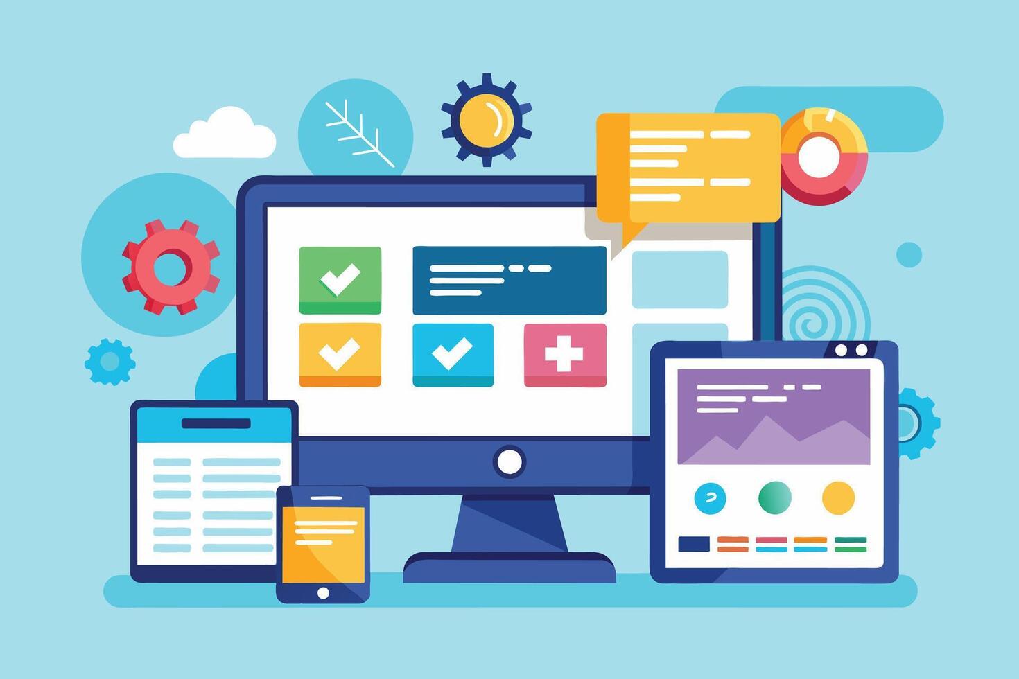 Illustration of a desktop computer, tablet, and smartphone displaying user interface designs with various icons and graphics. vector