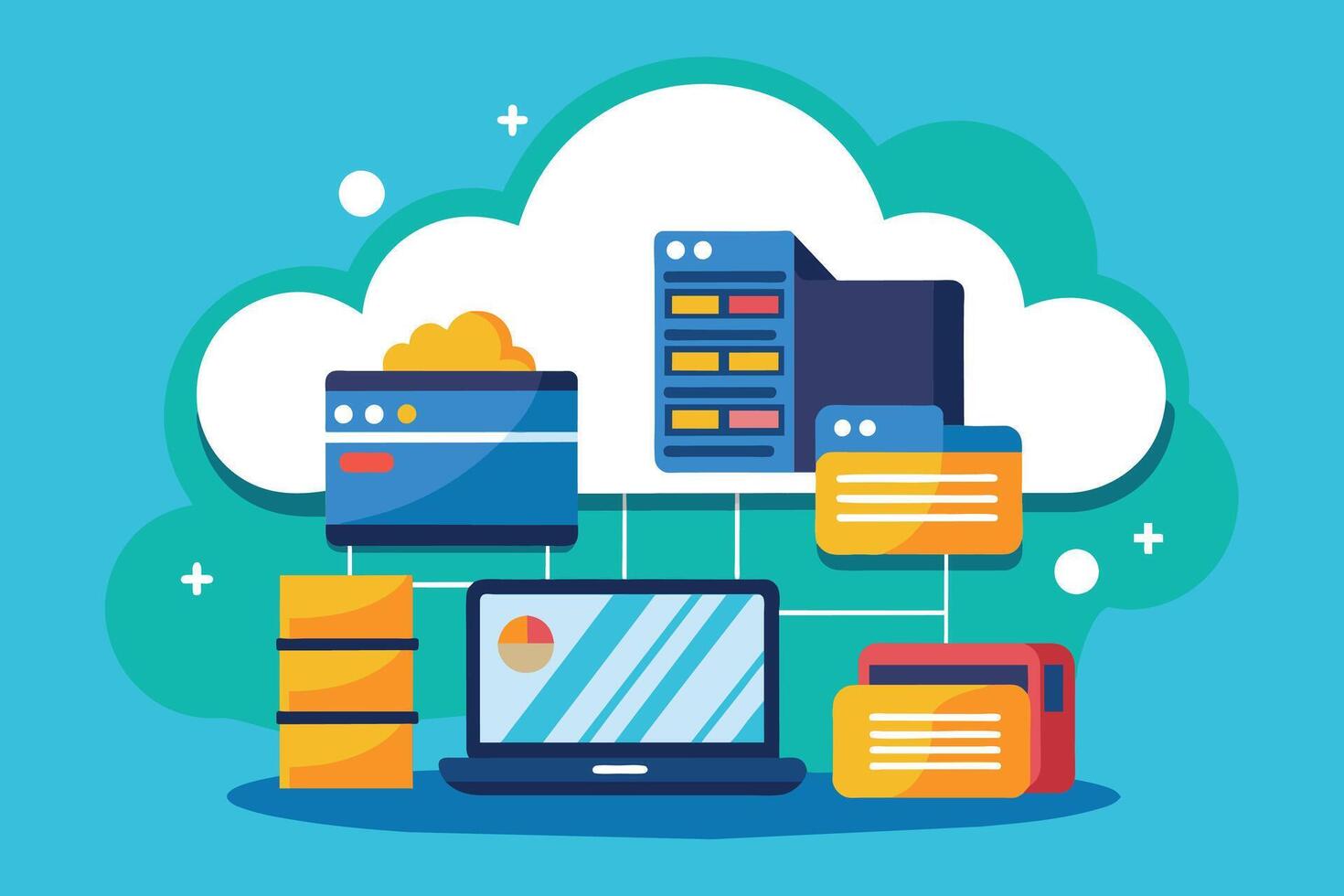 Illustration depicting a cloud computing network with a laptop, server, and data files connected to the cloud. vector