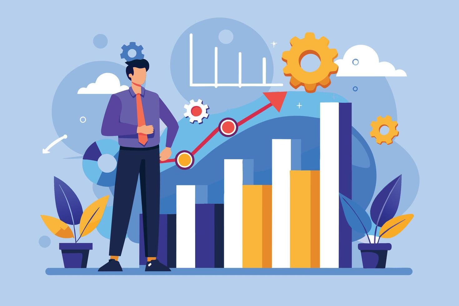 An illustration depicting a businessman standing in front of a bar graph, analyzing growth with cogwheels and an upward arrow. vector