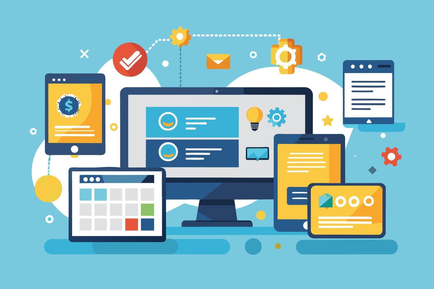 A flat design illustration depicting a network of connected devices, including a desktop computer, tablet, and smartphone. vector