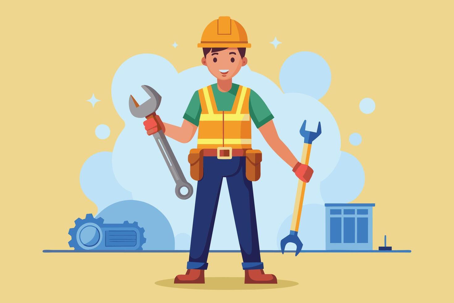 Illustration of a construction worker holding a wrench in each hand, standing in front of a building with a gear in the background. vector
