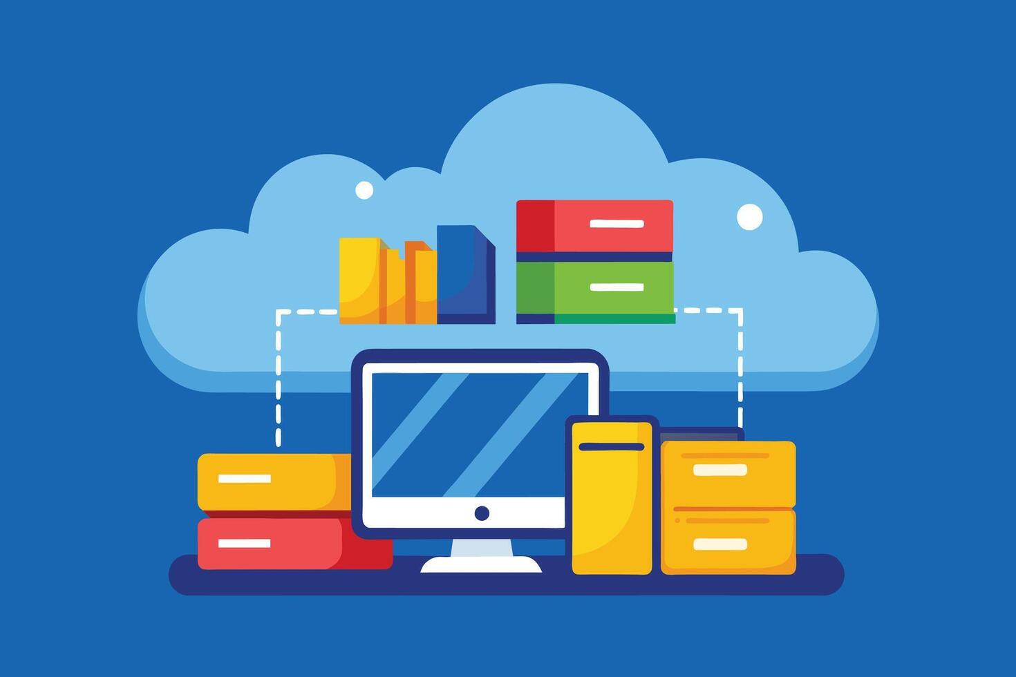 Illustration of a desktop computer connected to a cloud storage server with various data visualization elements. vector