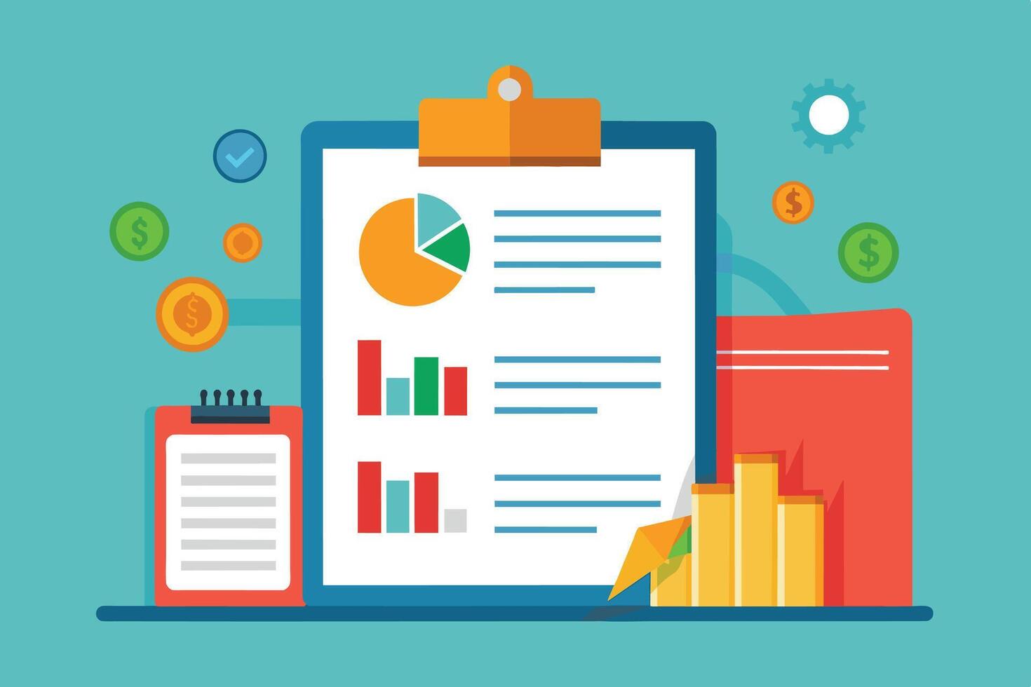 Illustration of a business financial report with charts and graphs, including a pie chart, bar graphs, and data. vector