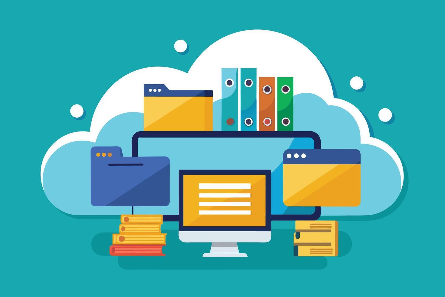 A flat design illustration depicting a desktop computer with multiple open folders and files, representing data storage and access within a cloud computing environment. vector