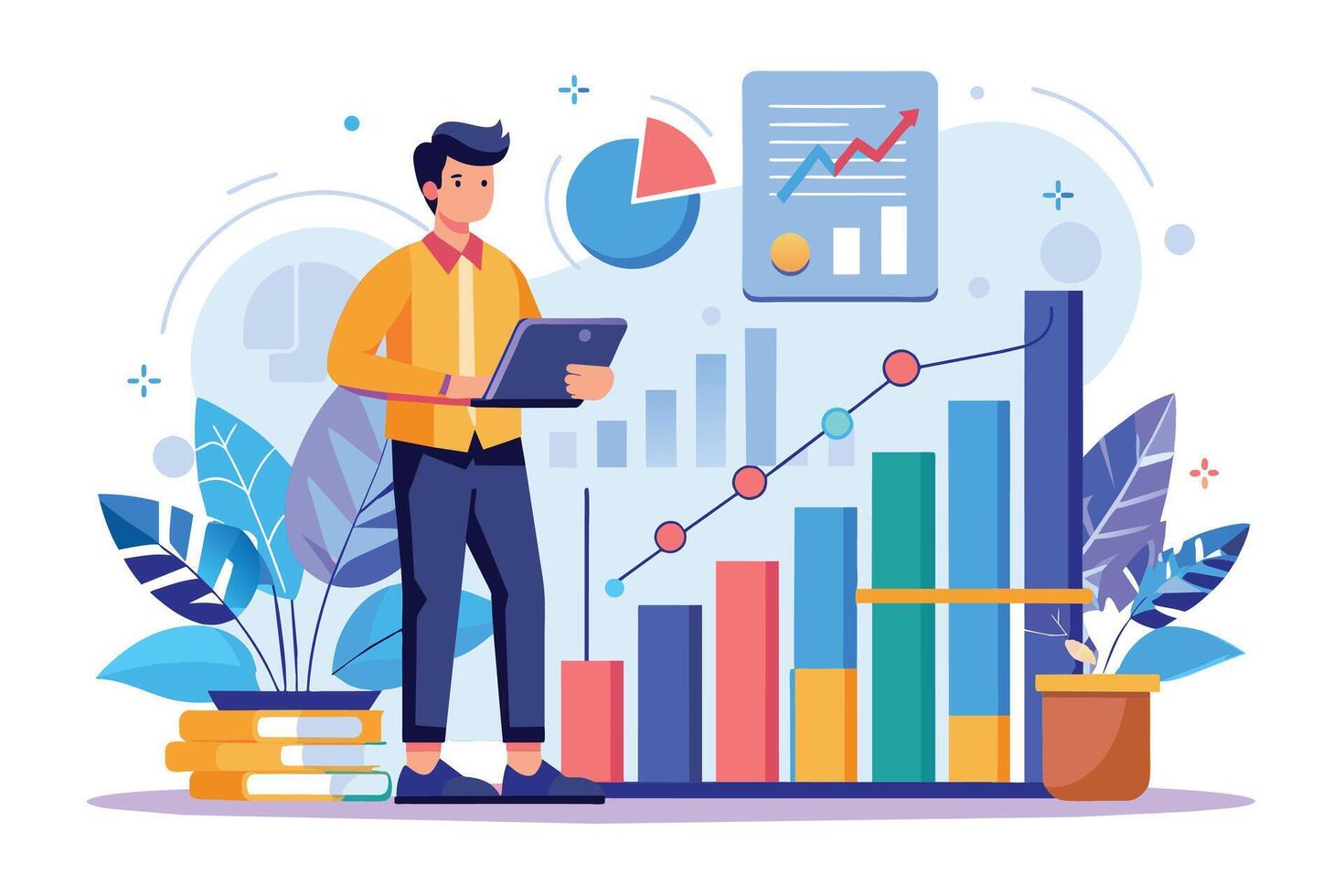 An illustration of a businessman reviewing business growth charts and data on a tablet. He is surrounded by charts and graphs depicting positive financial trends. vector