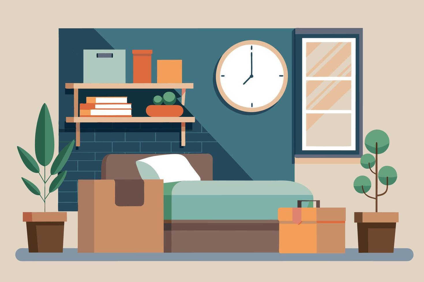 An illustration of a modern bedroom interior featuring a bed, shelving, and cardboard boxes. vector
