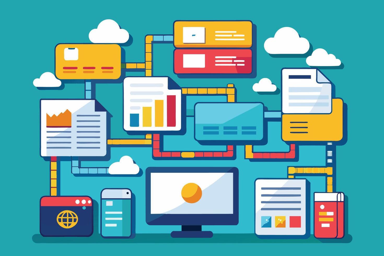 An illustration of various digital devices, including a computer, smartphone, and tablets, connected by data transfer lines. vector