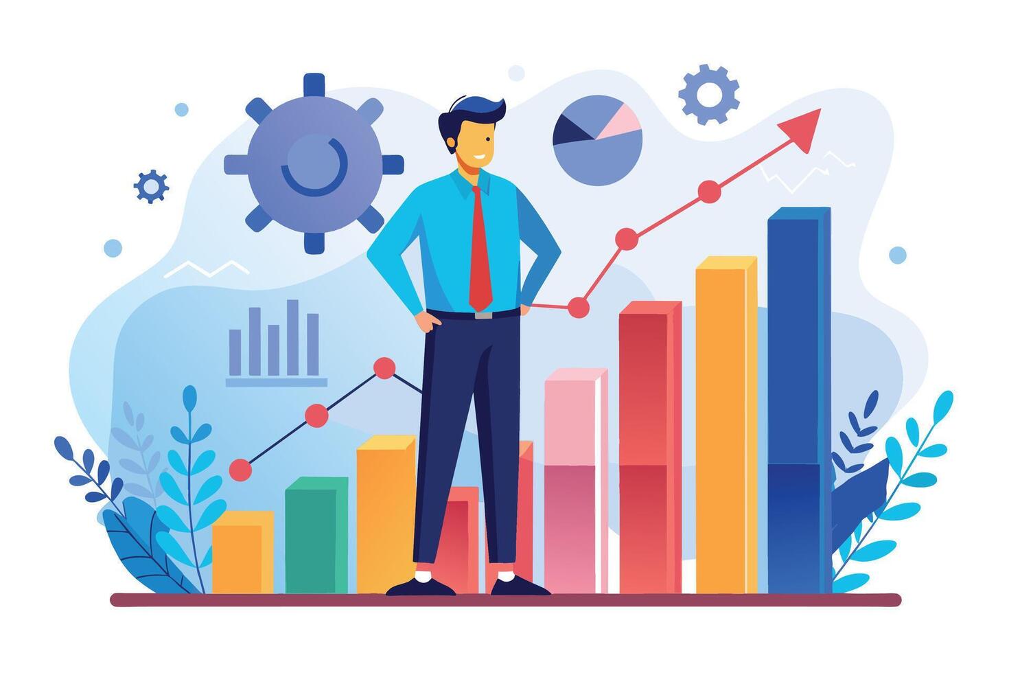 An illustration of a businessman standing in front of a bar graph chart that is growing upward, representing success and growth. vector