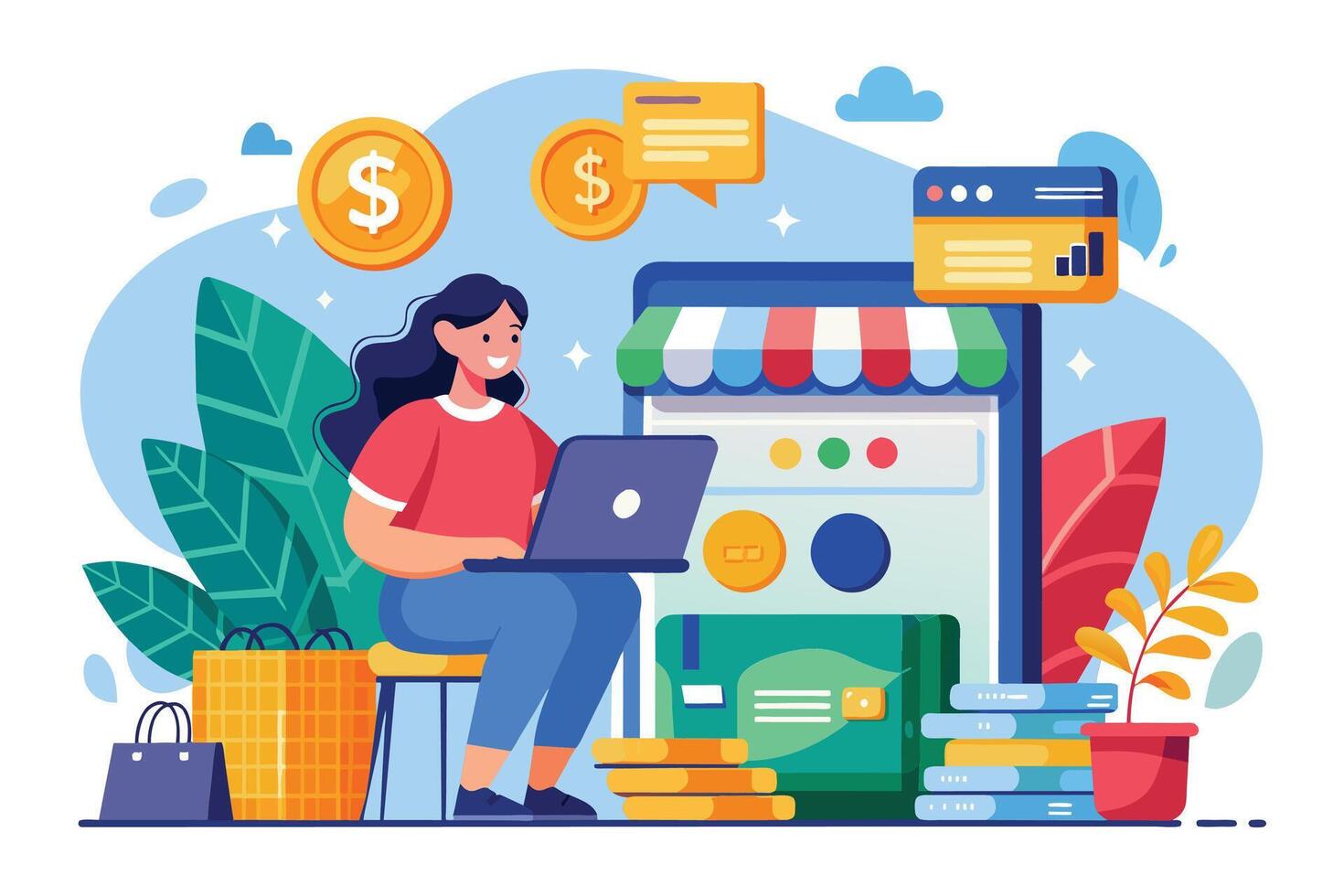A cartoon illustration of a woman working on a laptop, managing an online store. She is surrounded by symbols of profit, sales, and success. vector