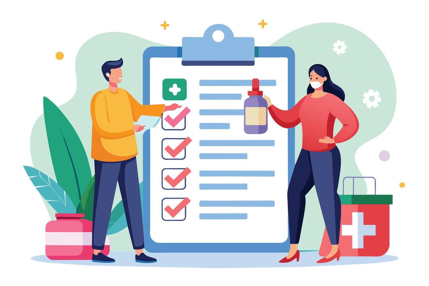 Two healthcare professionals standing in front of a checklist, one holding a bottle of medicine and the other holding a clipboard. vector