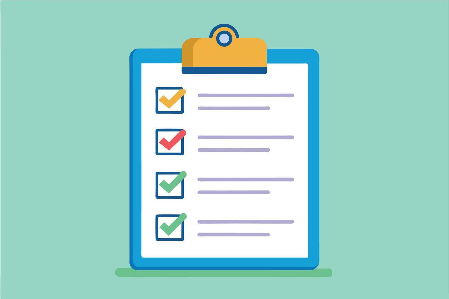 A digital illustration of a checklist with four completed items on a clipboard against a light green background. vector