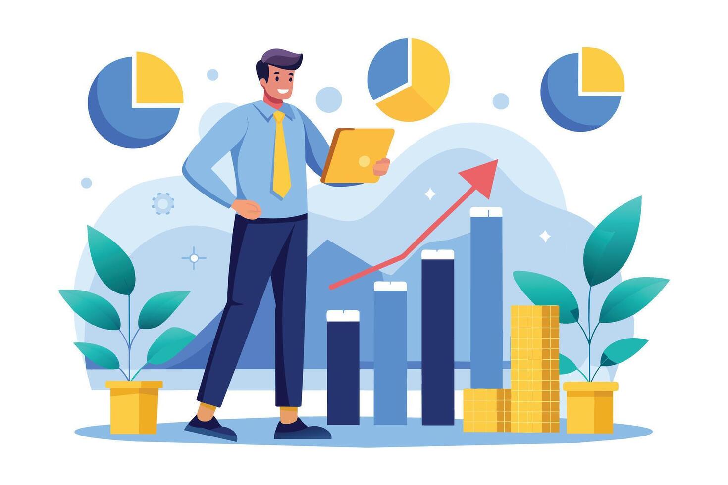 Illustration of a businessman analyzing data and looking at a growing bar graph with a laptop. vector