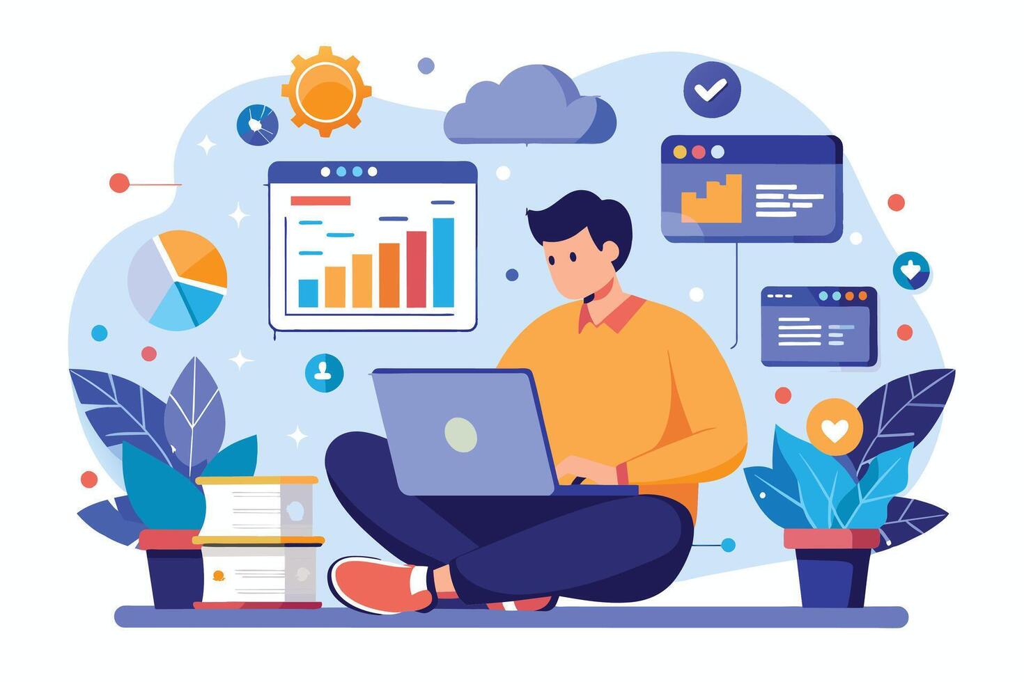 A man is sitting on the floor, legs crossed, working on a laptop. He is surrounded by data analytics charts and graphs, as well as other digital symbols, representing a modern work environment. vector