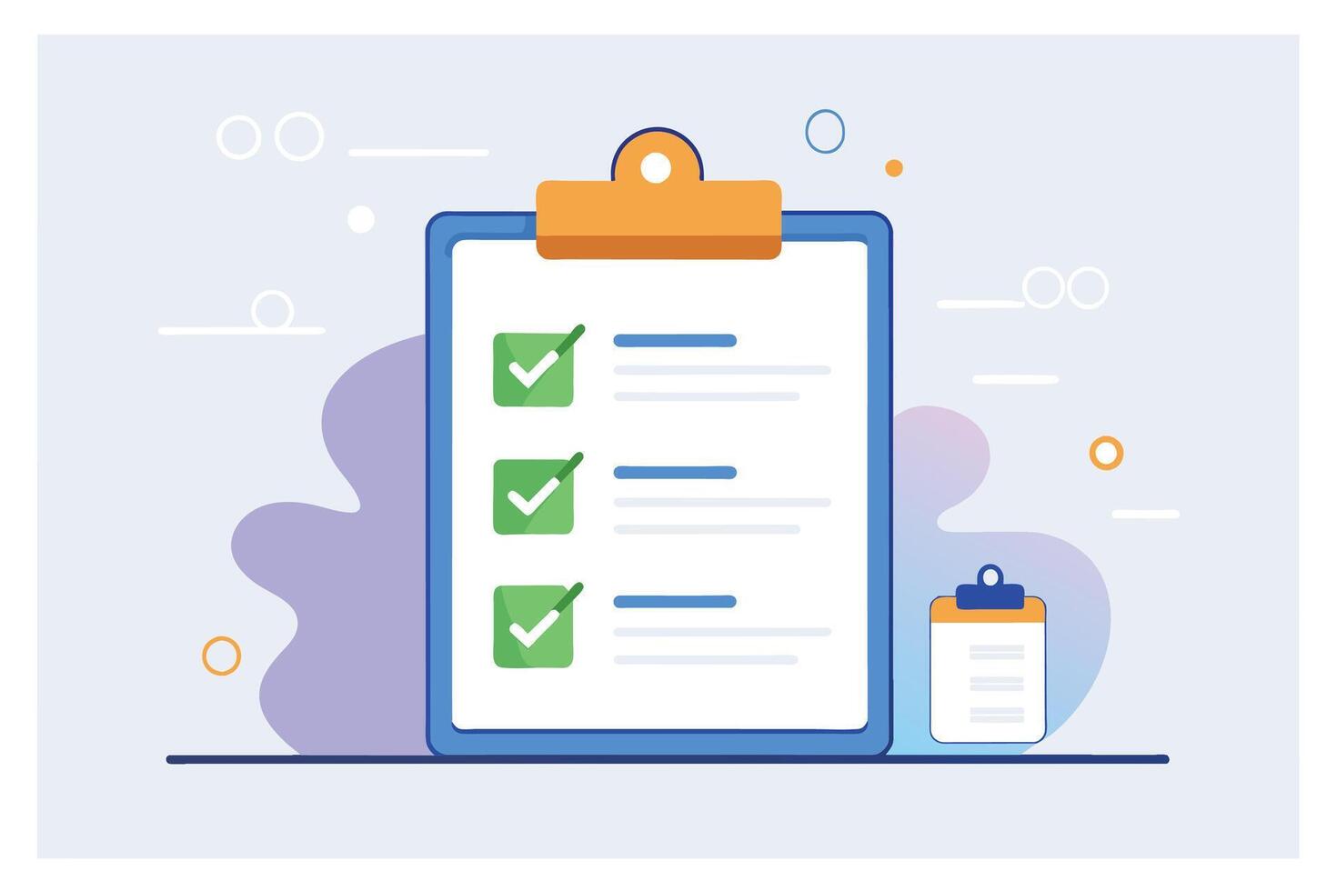 An illustration of a clipboard with a checklist. The checklist is complete, with three checkmarks in green boxes. This image symbolizes successful task completion. vector
