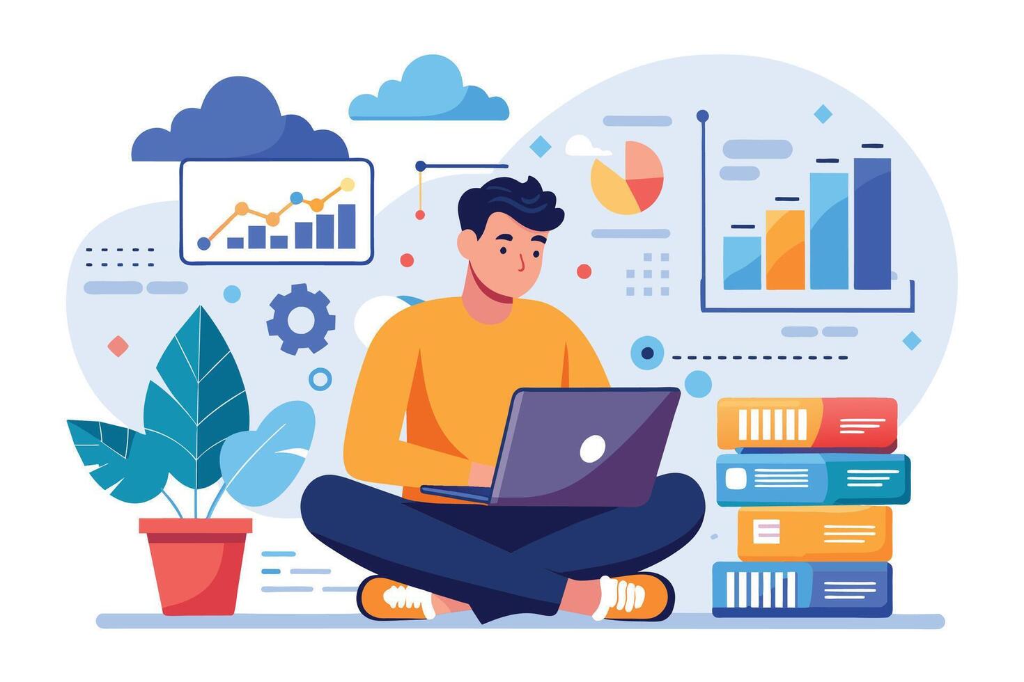 An illustration of a man sitting cross-legged on the floor, working on his laptop with colorful data charts and graphs in the background. vector