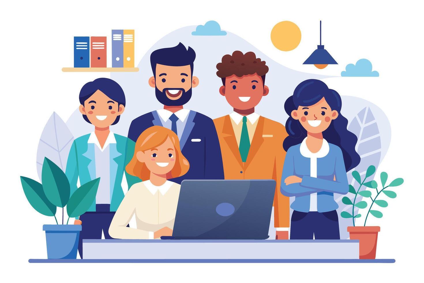 A diverse group of smiling business professionals work together in an office setting. They are all dressed in professional attire and look happy and confident. vector