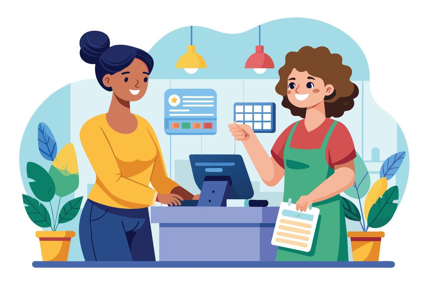 A smiling cashier interacts with a customer at a retail store counter, offering assistance and engaging in a pleasant conversation. vector