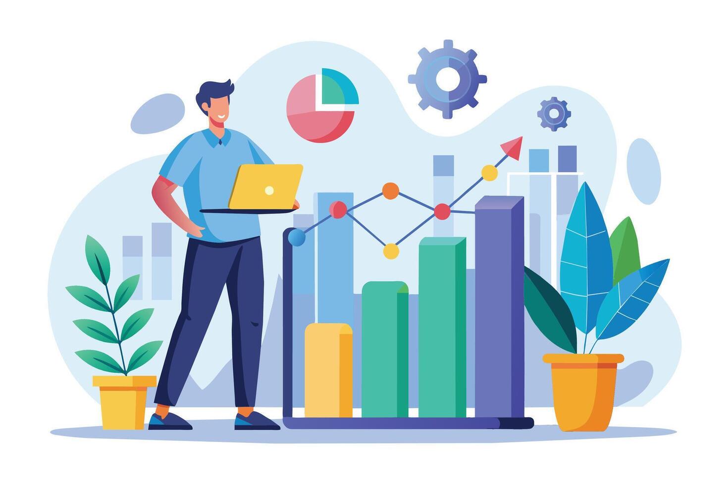 A man stands in front of a bar graph showing growth, analyzing data on his laptop. vector