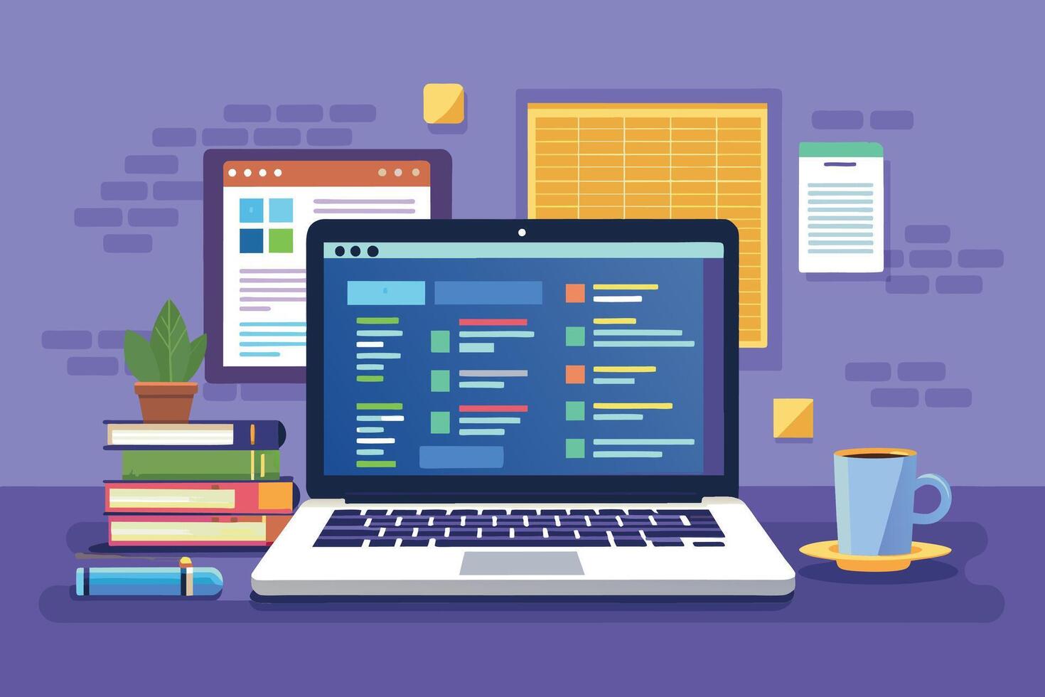 A laptop with a code editor open is sitting on a desk with a cup of coffee and a stack of books. The laptop is in focus, and the background is a purple wall with brick accents. vector