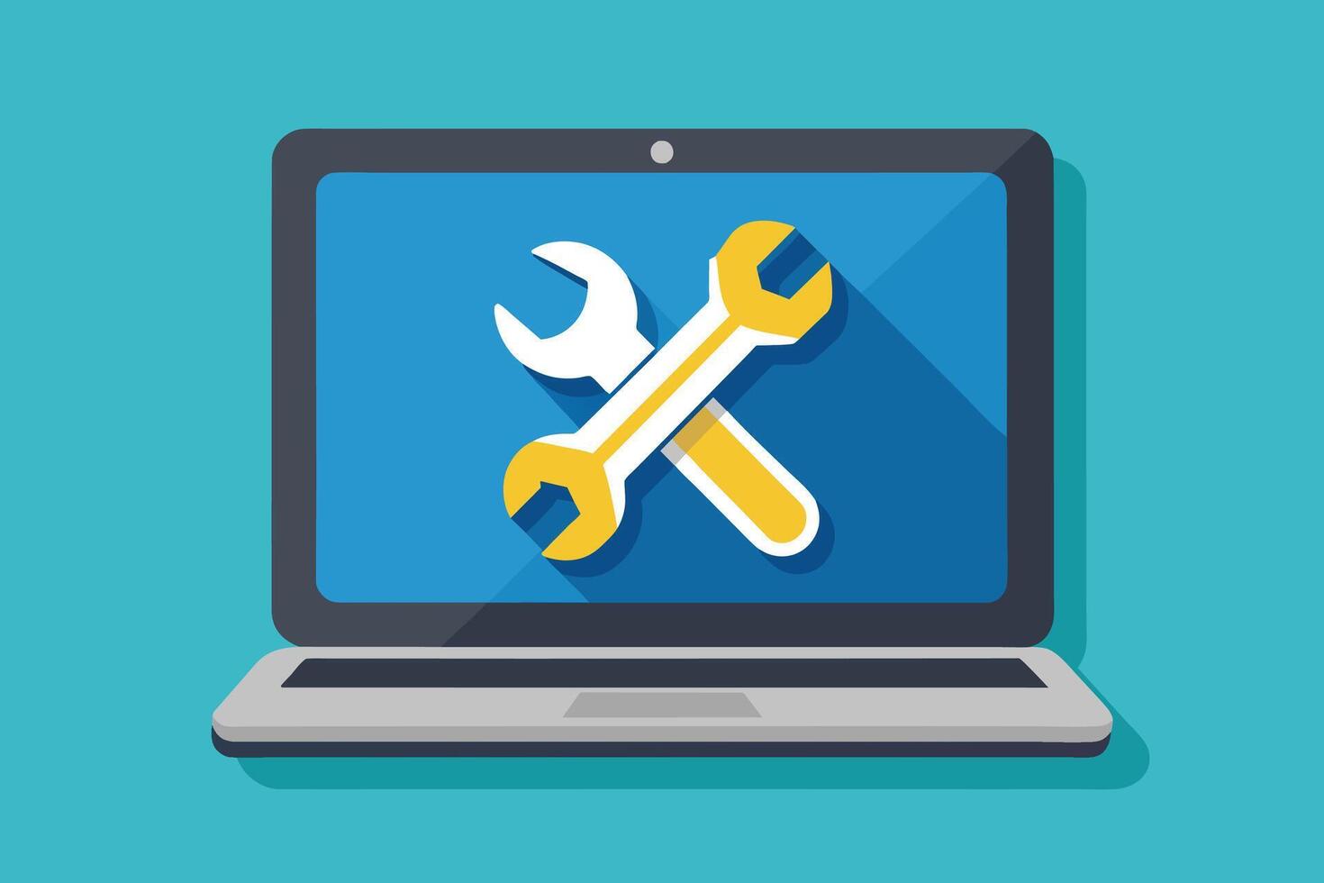 A flat design illustration of a laptop with a screen displaying two crossed wrenches, representing computer repair and maintenance. vector