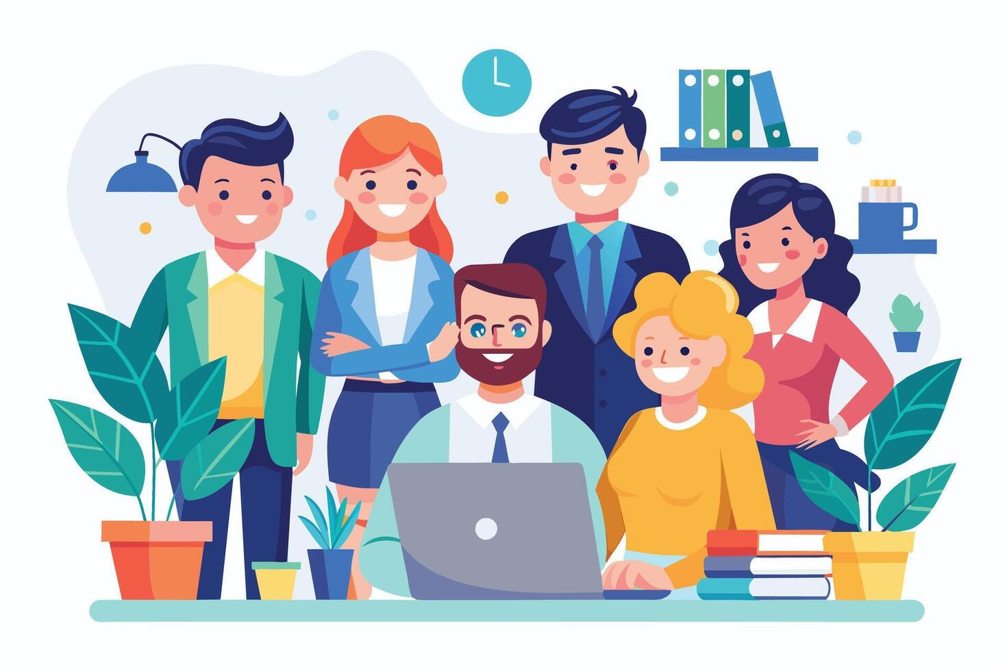 A diverse group of professionals smiles while working together in a bright and modern office setting. vector