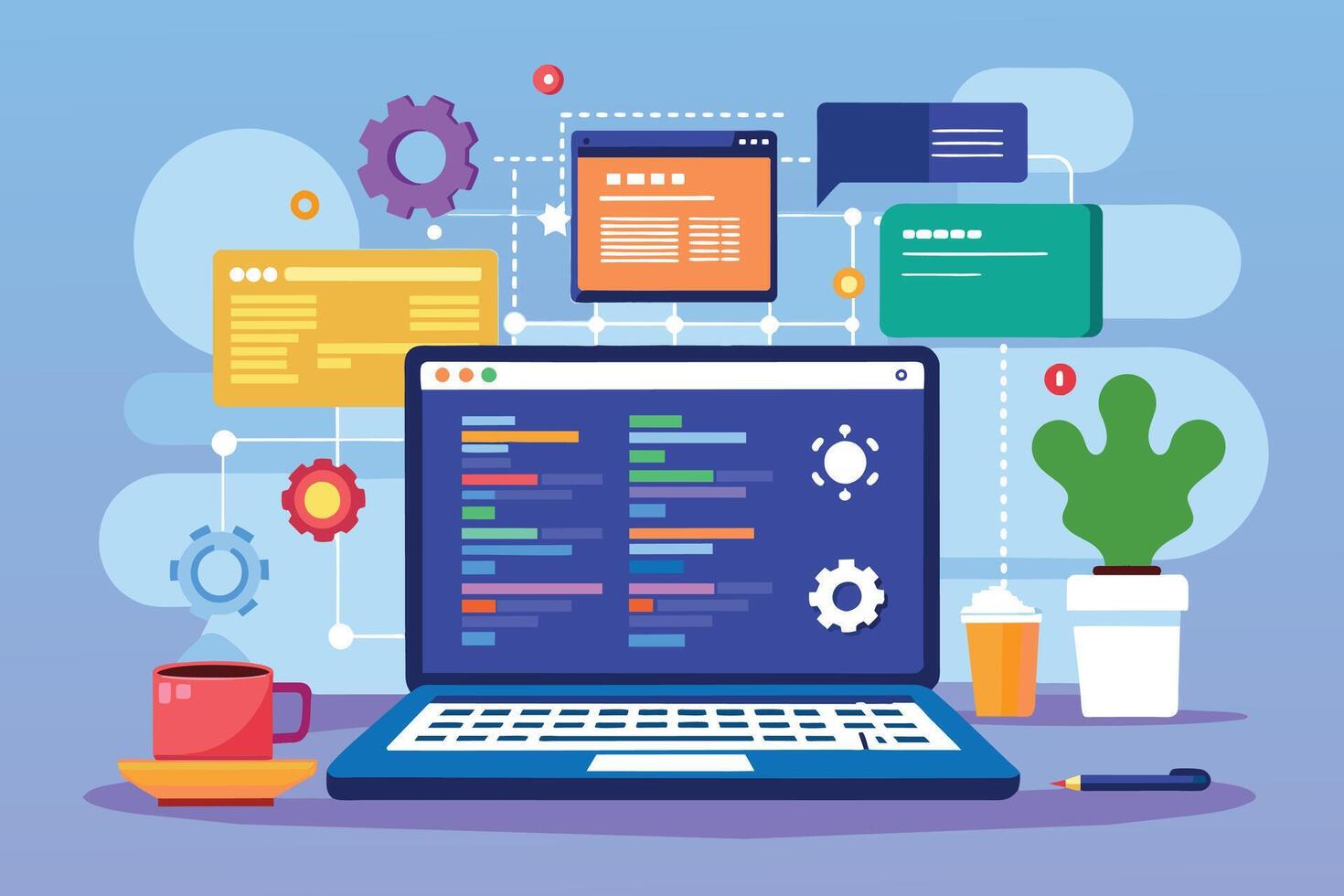 A cartoon illustration of a laptop displaying web development code, with icons and a plant on the desktop. vector