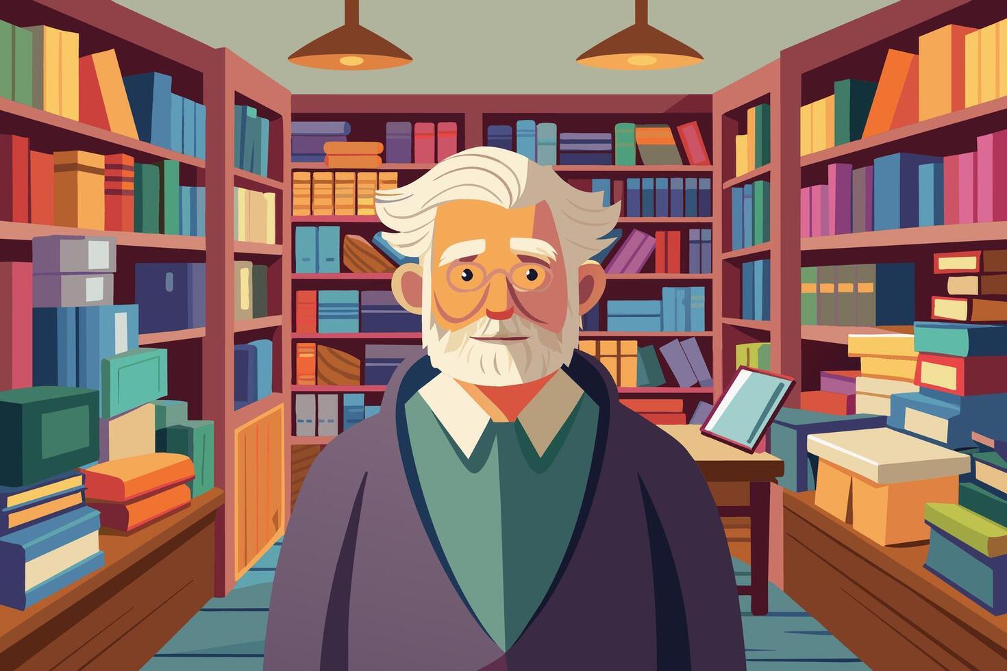 A cartoon illustration of an elderly man with a long white beard standing in a bookstore surrounded by bookshelves full of books. vector