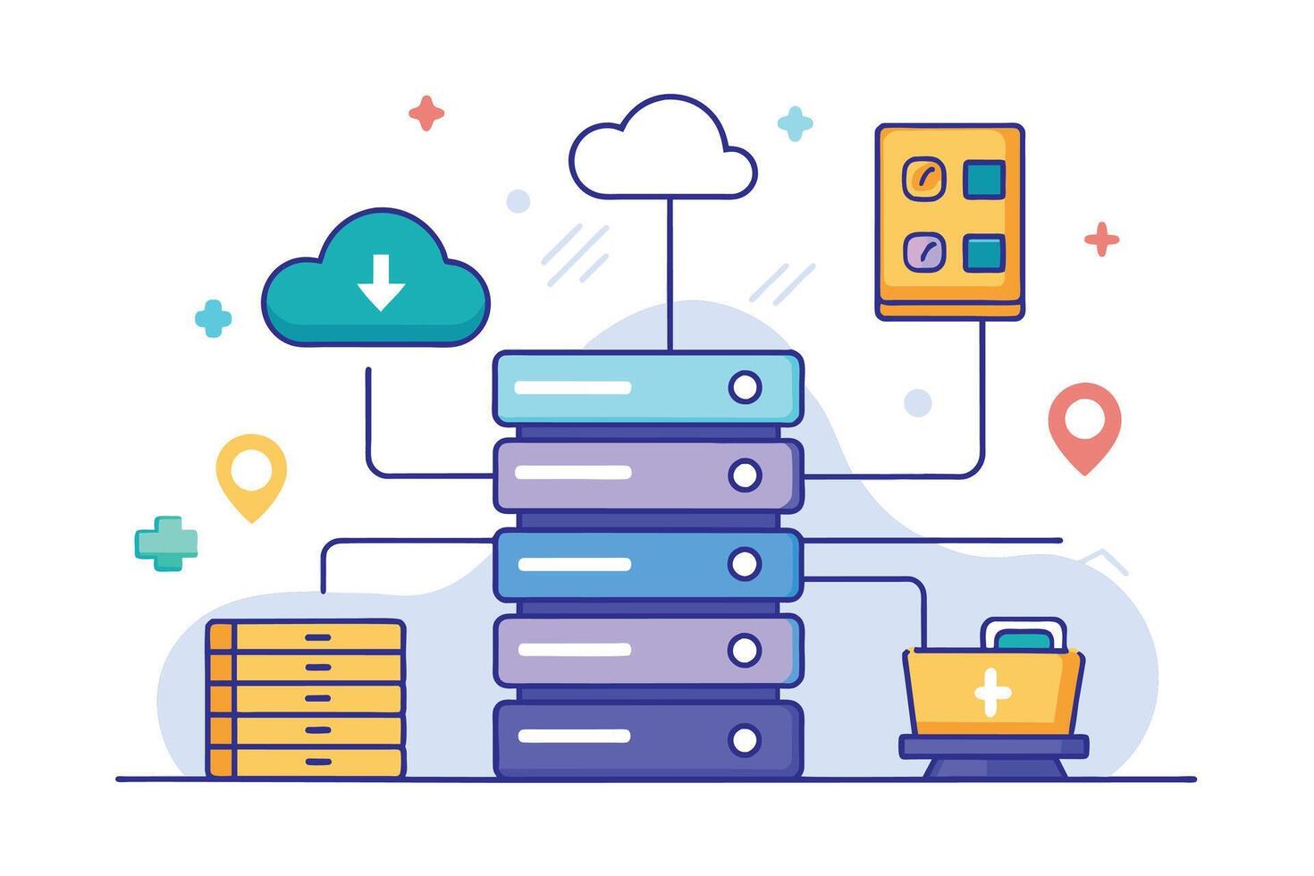 A colorful illustration depicts a server database connected to a cloud storage system and various devices. vector