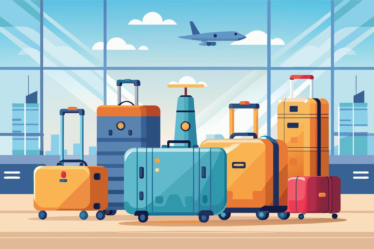 An illustration of a collection of colorful suitcases sitting in front of an airport window with an airplane flying in the sky. vector