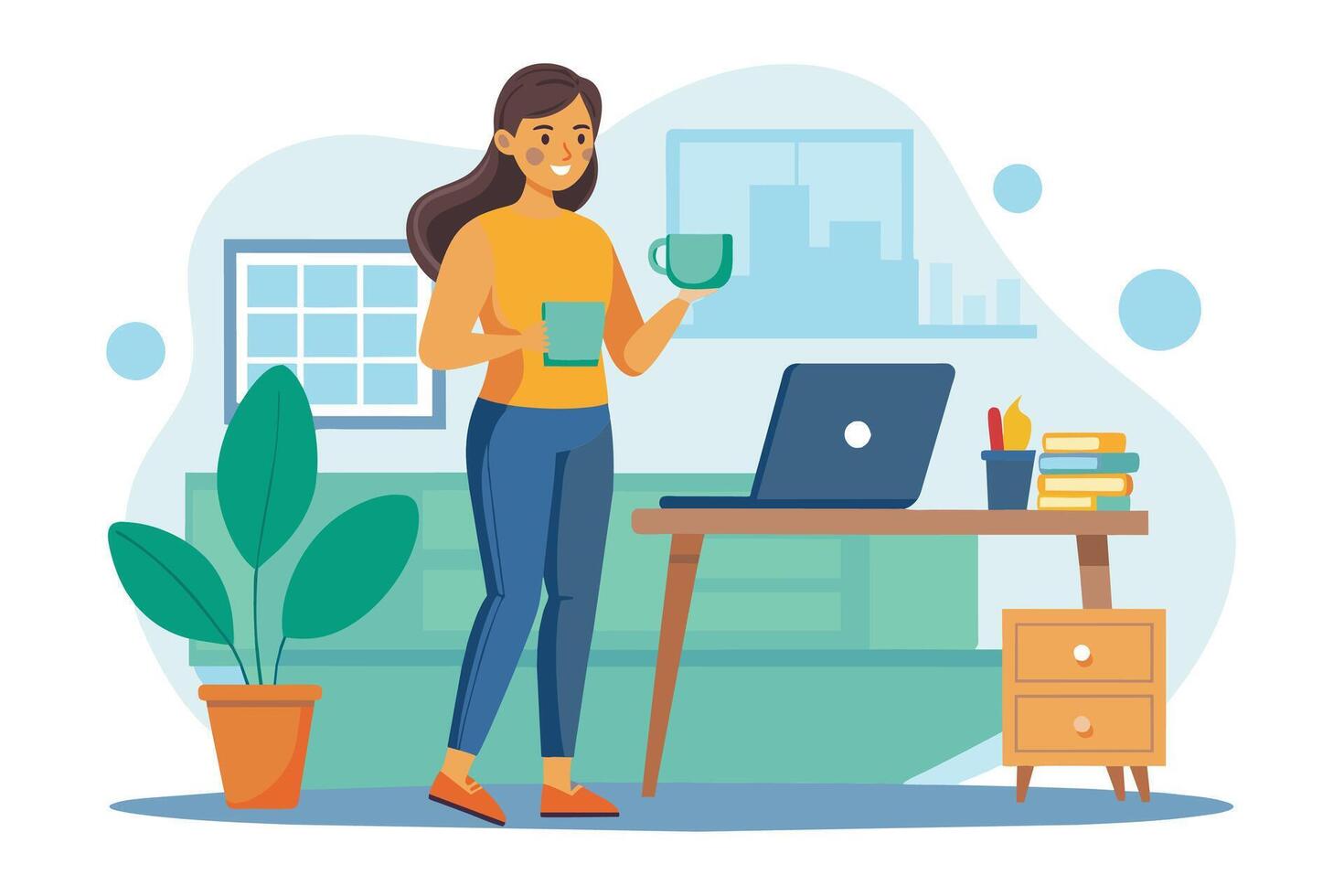 A woman stands in a home office with a laptop, holding a cup of coffee in one hand. She is smiling and appears to be working or taking a break. vector