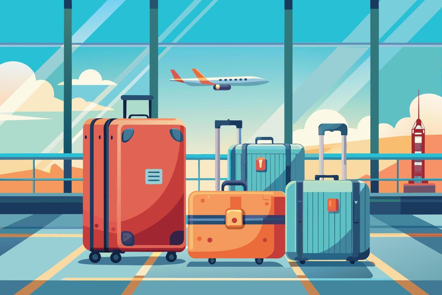Illustration of four suitcases with retractable handles standing near a window overlooking a runway with an airplane taking off. vector