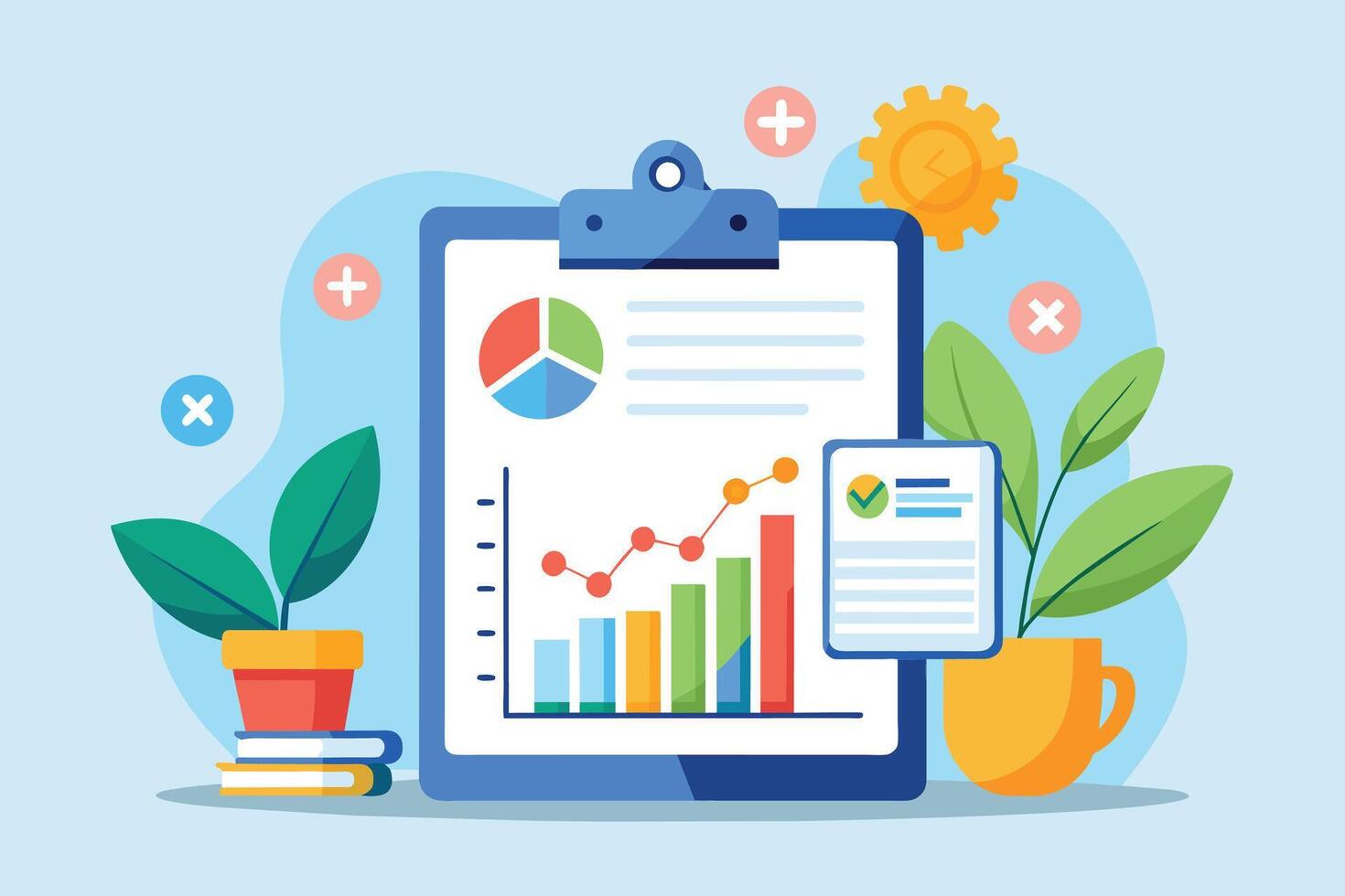 An illustration of a clipboard with a pie chart, bar chart, and line graph on a blue background with green plants and a gear icon. vector