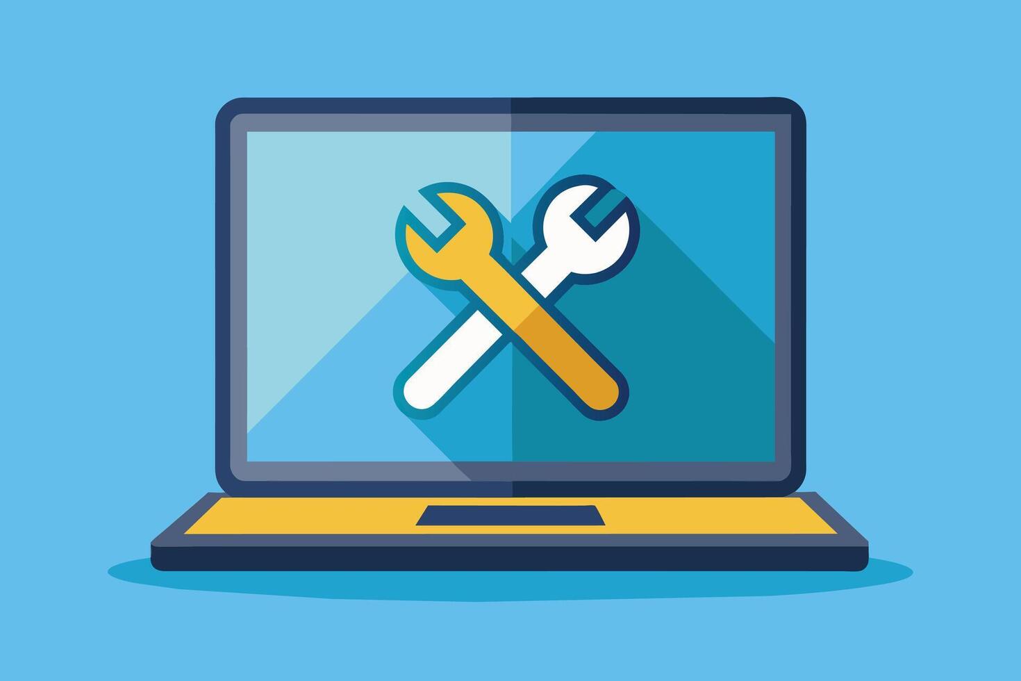 A simple illustration depicting a laptop computer with a blue screen displaying two crossed wrenches. The wrenches are white with yellow handles and have a long shadow. vector