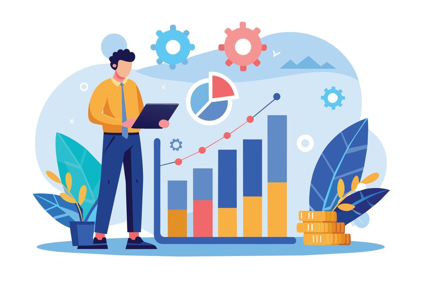 A cartoon illustration of a businessman standing in front of a bar chart, holding a laptop and looking at a chart. The chart depicts upward growth and is accompanied by coins, signifying success. vector