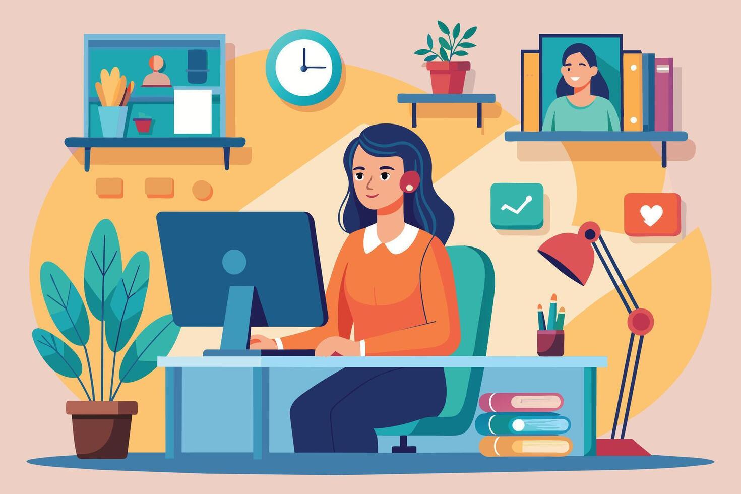 An illustration of a woman working on a computer at her home desk, with a potted plant, books, a lamp, and a clock in the background. vector