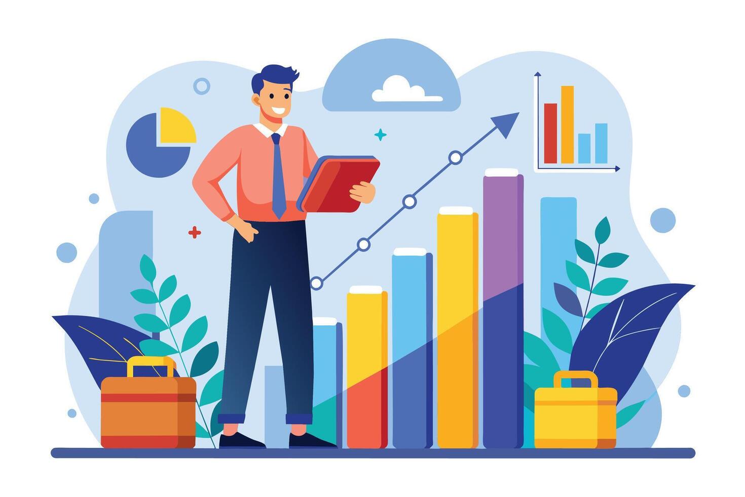 An illustration depicting a businessman reviewing financial growth charts, with an upward trend line indicating positive performance. vector