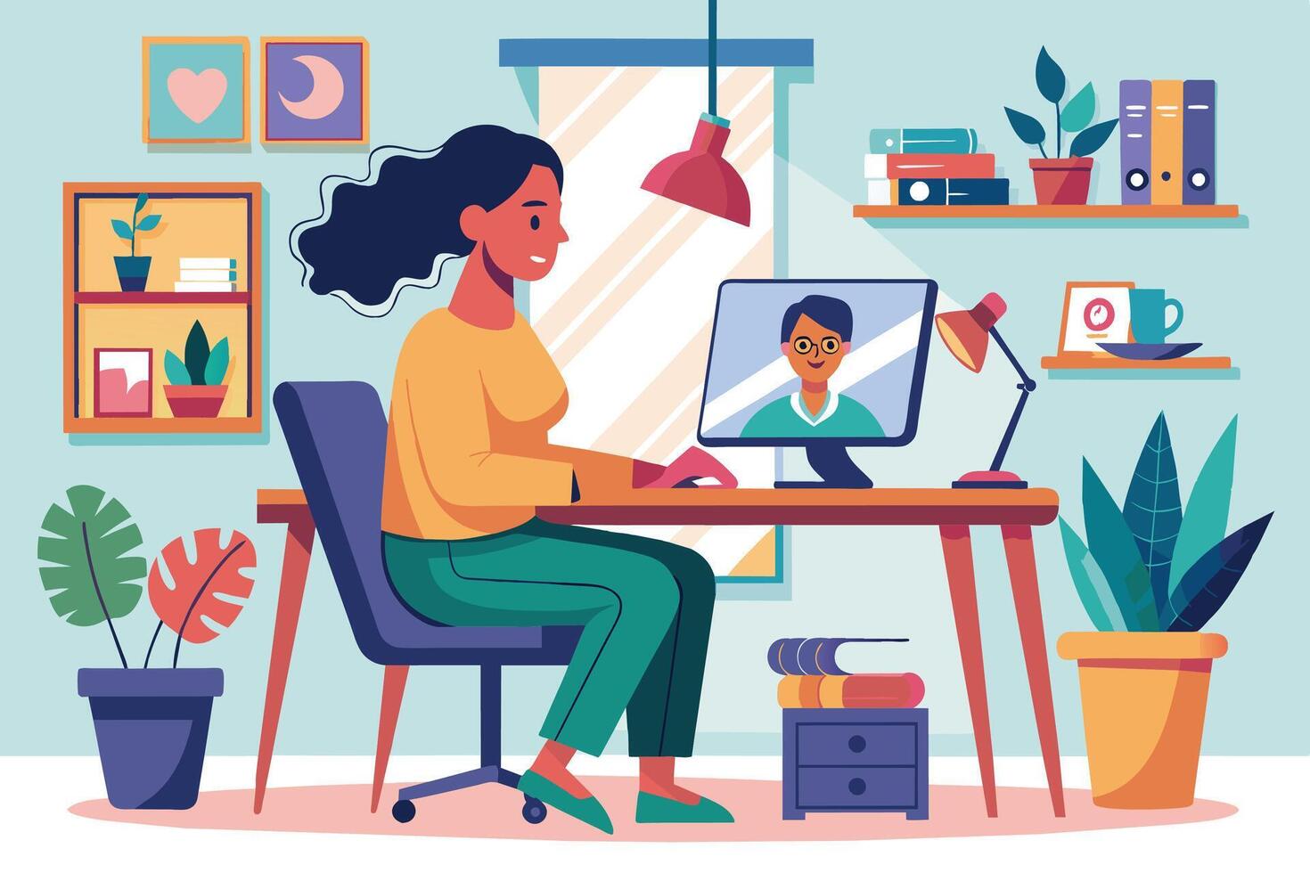 A woman sits at her desk, using a computer for a call. She is in a home office setting with plants, books, and other decorations. vector