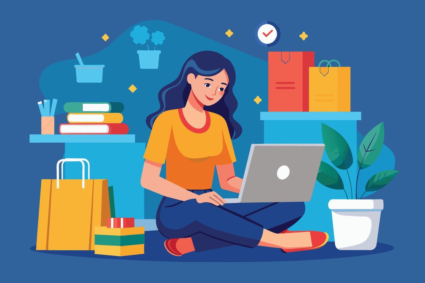 A woman with long dark hair is sitting on the floor with her laptop open, shopping online. She is surrounded by shopping bags and boxes, and there are potted plants and books in the background. vector