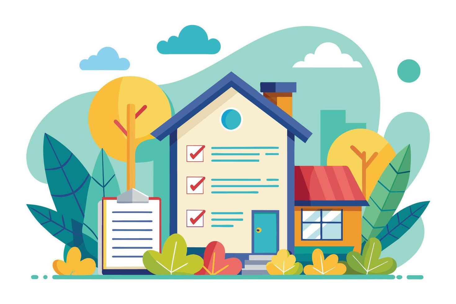 A cartoon illustration of a house with a checklist on the side, representing the steps involved in buying a home. vector
