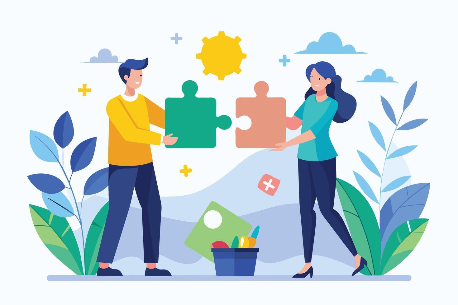 Illustration of two people connecting puzzle pieces together, representing teamwork and collaboration. vector