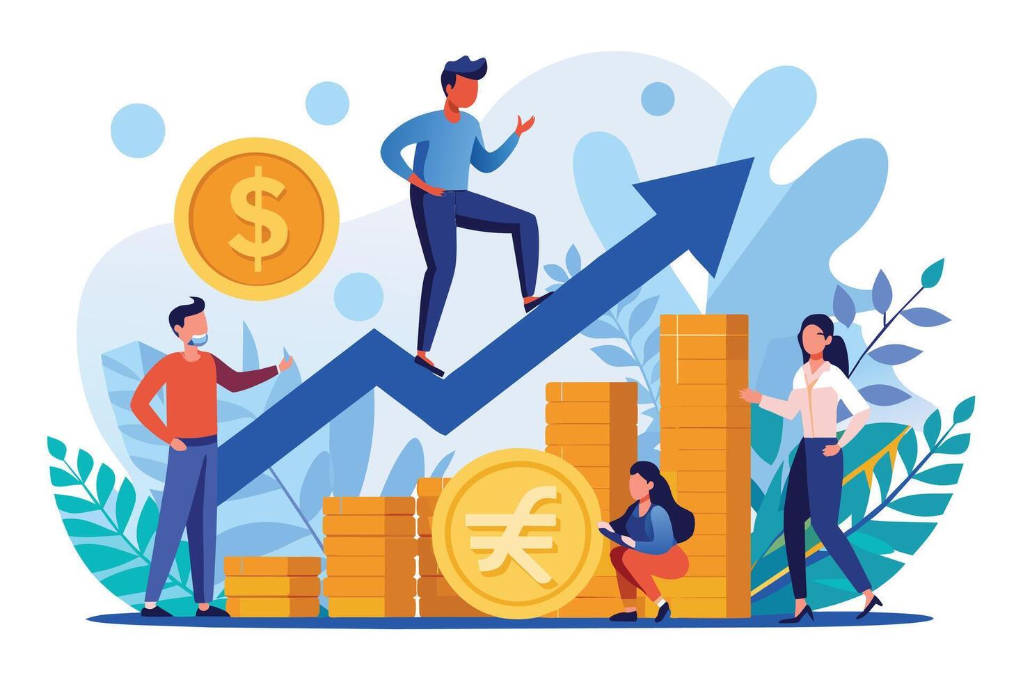 An illustration of people walking up a blue arrow with gold coins and stacks of money, representing financial growth and success. vector