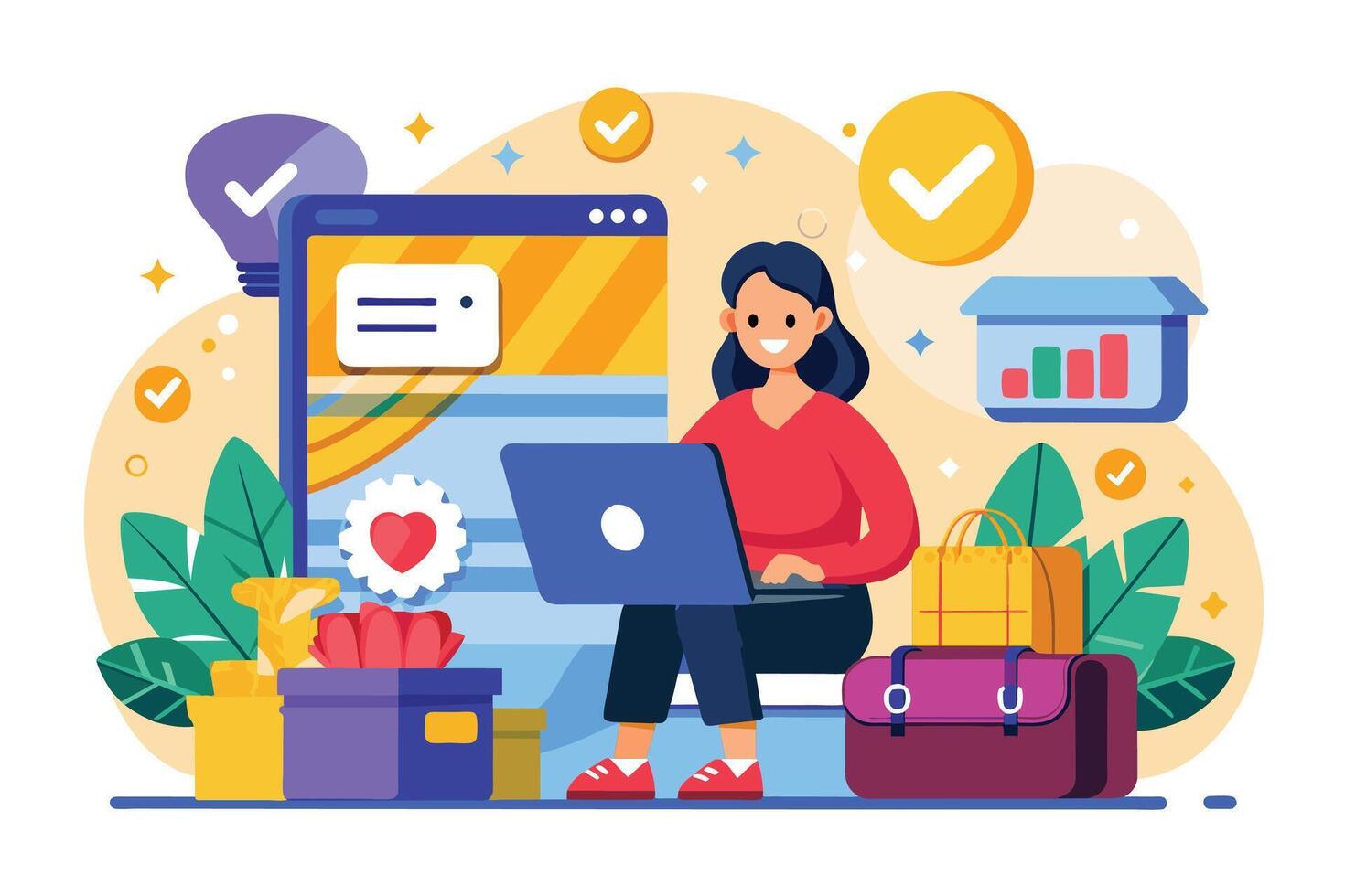 An illustration of a woman working on her laptop with checkmarks and gifts surrounding her, suggesting successful online business. vector