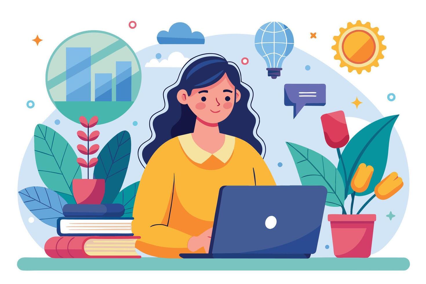 A woman sits at a desk, working on her laptop. There are various objects in the background, including a data chart, flowers, and a sun. vector